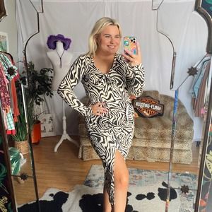 Topshop Printed V-Neck Front Slit Midi Dress Brown Size 8